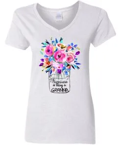 AllezyGo Happiness Is Being Granna Flowers Women's V-Neck T-Shirt