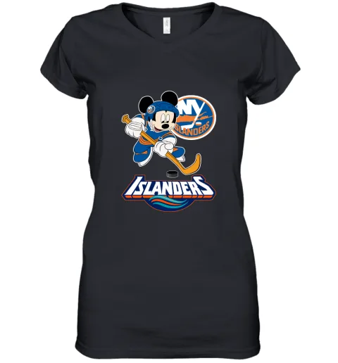 NHL Hockey Mickey Mouse Team New York Islanders Women's V-Neck T-Shirt NHL Hockey Mickey Mouse Team New York Islanders Women's V-Neck T-Shirt