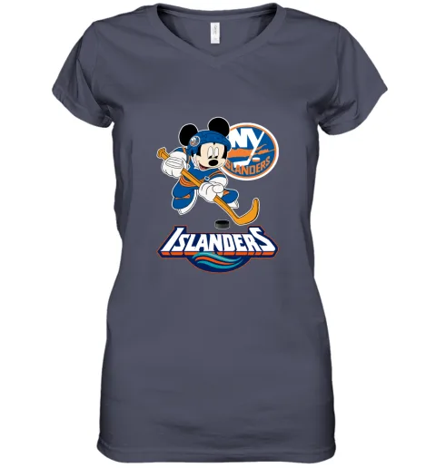 NHL Hockey Mickey Mouse Team New York Islanders Women's V-Neck T-Shirt NHL Hockey Mickey Mouse Team New York Islanders Women's V-Neck T-Shirt