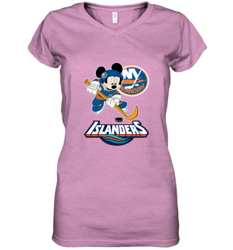 NHL Hockey Mickey Mouse Team New York Islanders Women's V-Neck T-Shirt NHL Hockey Mickey Mouse Team New York Islanders Women's V-Neck T-Shirt