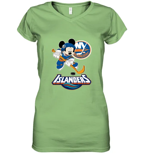 NHL Hockey Mickey Mouse Team New York Islanders Women's V-Neck T-Shirt NHL Hockey Mickey Mouse Team New York Islanders Women's V-Neck T-Shirt