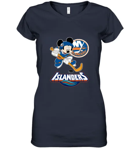 NHL Hockey Mickey Mouse Team New York Islanders Women's V-Neck T-Shirt NHL Hockey Mickey Mouse Team New York Islanders Women's V-Neck T-Shirt