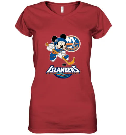 NHL Hockey Mickey Mouse Team New York Islanders Women's V-Neck T-Shirt NHL Hockey Mickey Mouse Team New York Islanders Women's V-Neck T-Shirt