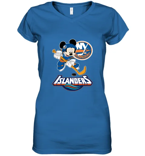 NHL Hockey Mickey Mouse Team New York Islanders Women's V-Neck T-Shirt NHL Hockey Mickey Mouse Team New York Islanders Women's V-Neck T-Shirt