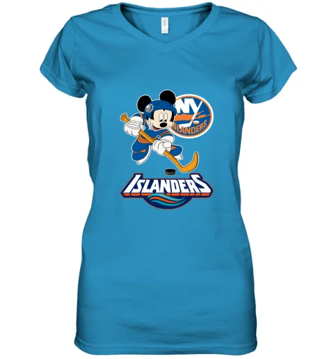 NHL Hockey Mickey Mouse Team New York Islanders Women's V-Neck T-Shirt NHL Hockey Mickey Mouse Team New York Islanders Women's V-Neck T-Shirt