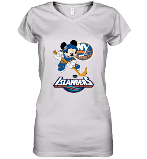 NHL Hockey Mickey Mouse Team New York Islanders Women's V-Neck T-Shirt NHL Hockey Mickey Mouse Team New York Islanders Women's V-Neck T-Shirt