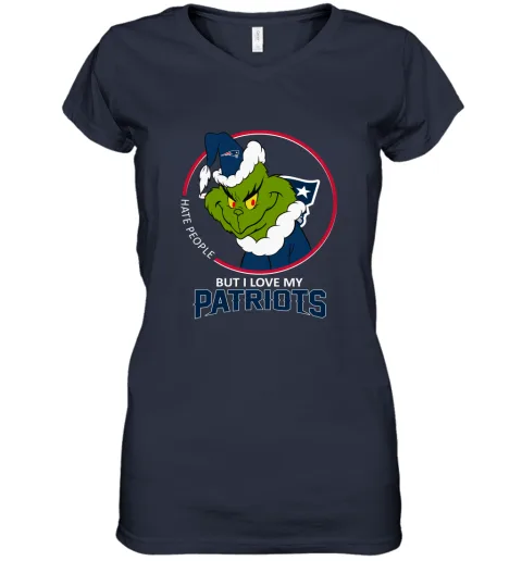 I Hate People But I Love My New England Patriots Grinch NFL Women's V-Neck T-Shirt I Hate People But I Love My New England Patriots Grinch NFL Women's V-Neck T-Shirt